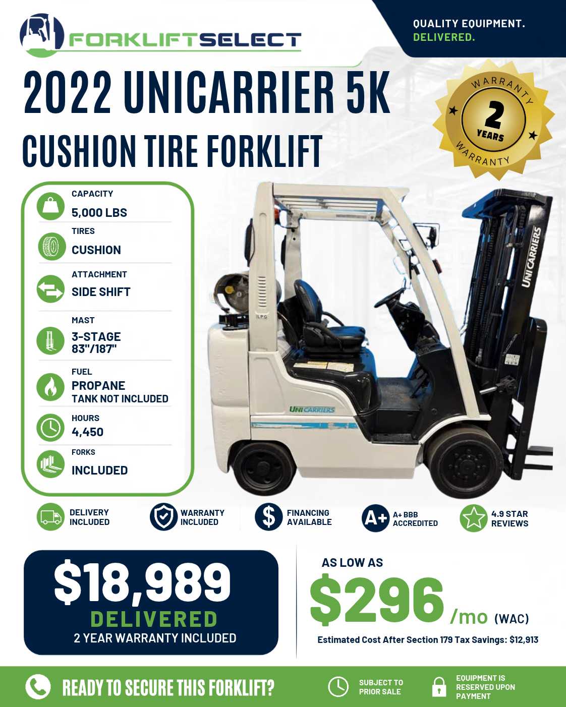 2022 UniCarrier 5K Cushion Tire Forklift