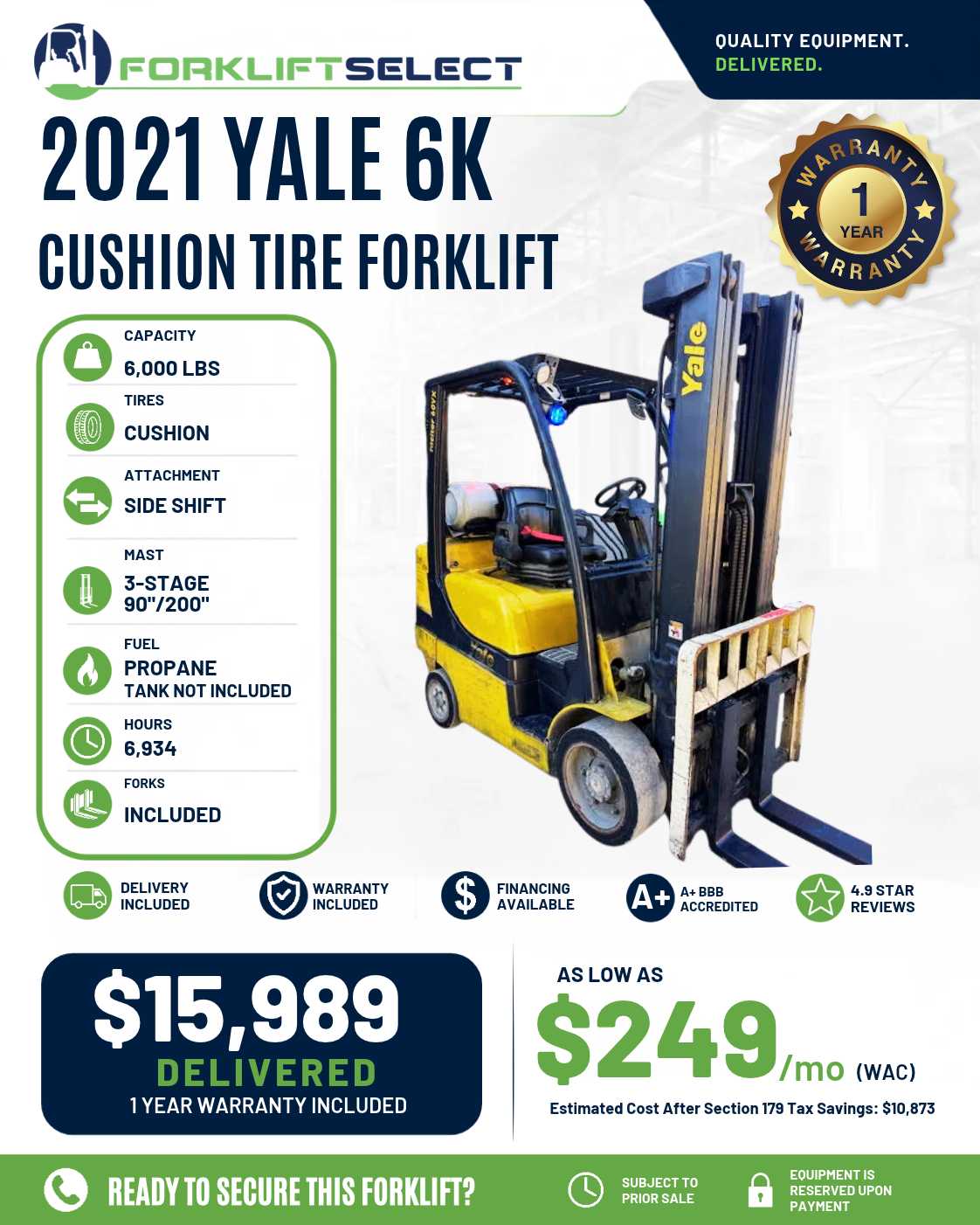 2021 Yale 6K Cushion Tire Forklift