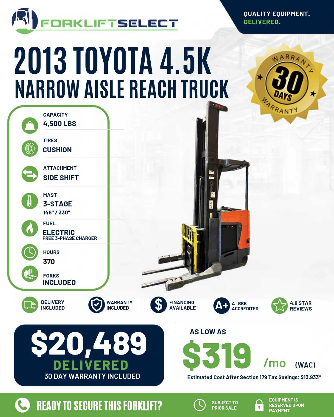 2013 Toyota 4.5K Cushion Tire Forklift - 123Forklift