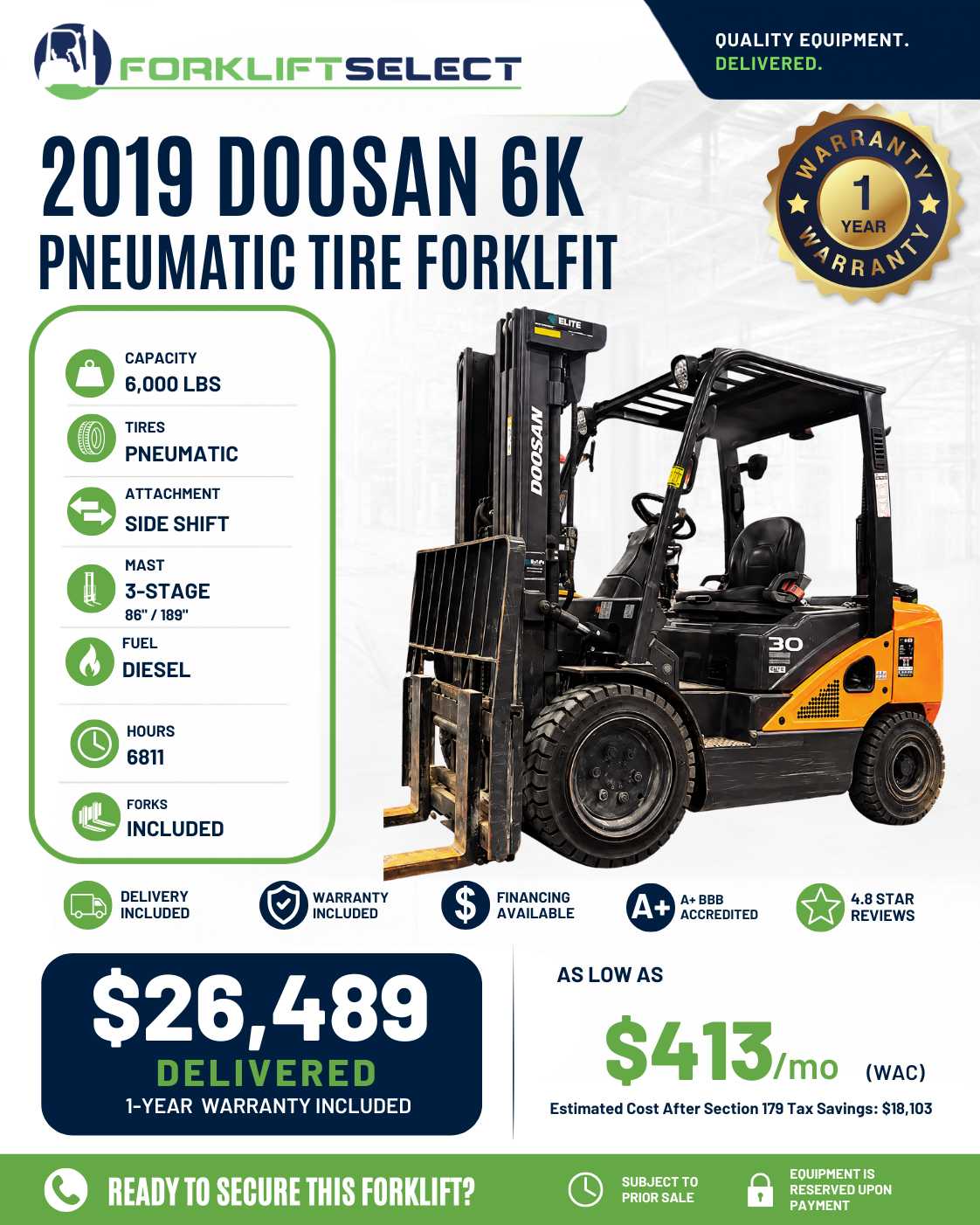 2019 Doosan 6K Pneumatic Tire Forklift