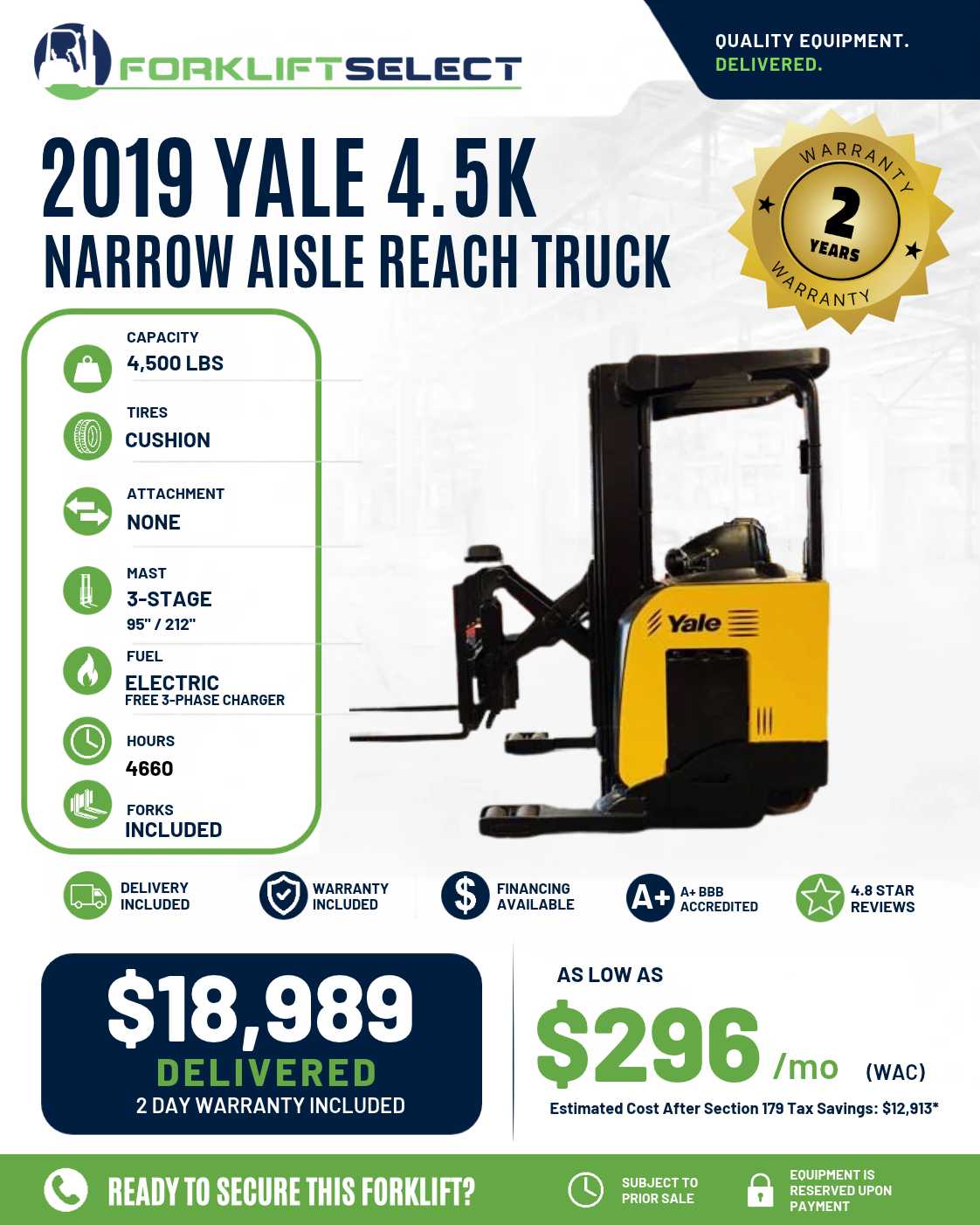 2019 Yale 4.5K Cushion Tire Forklift