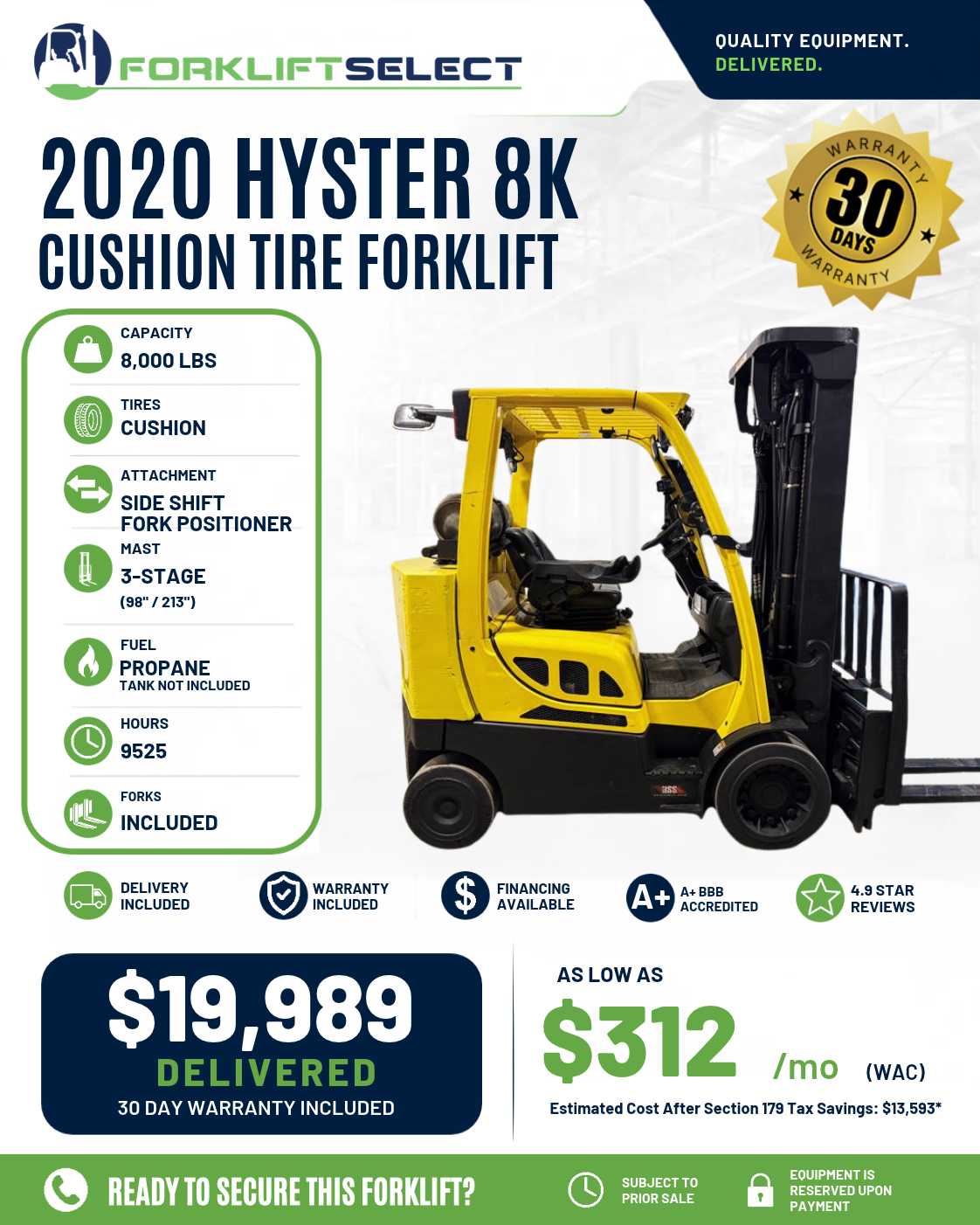 2020 Hyster 8K Cushion Tire Forklift - 123Forklift