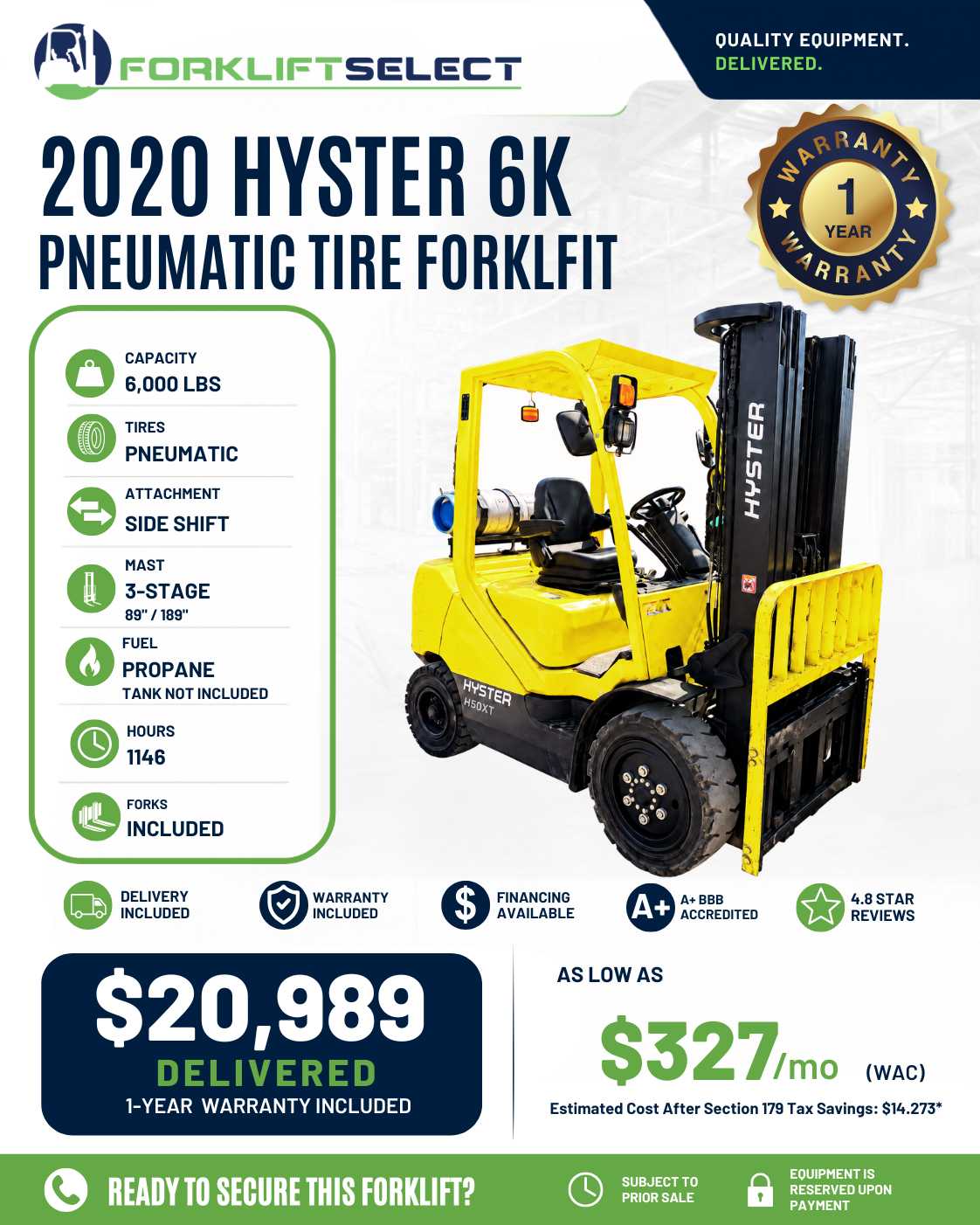 2020 HYSTER/H60UT 6K Pneumatic Tire Forklift