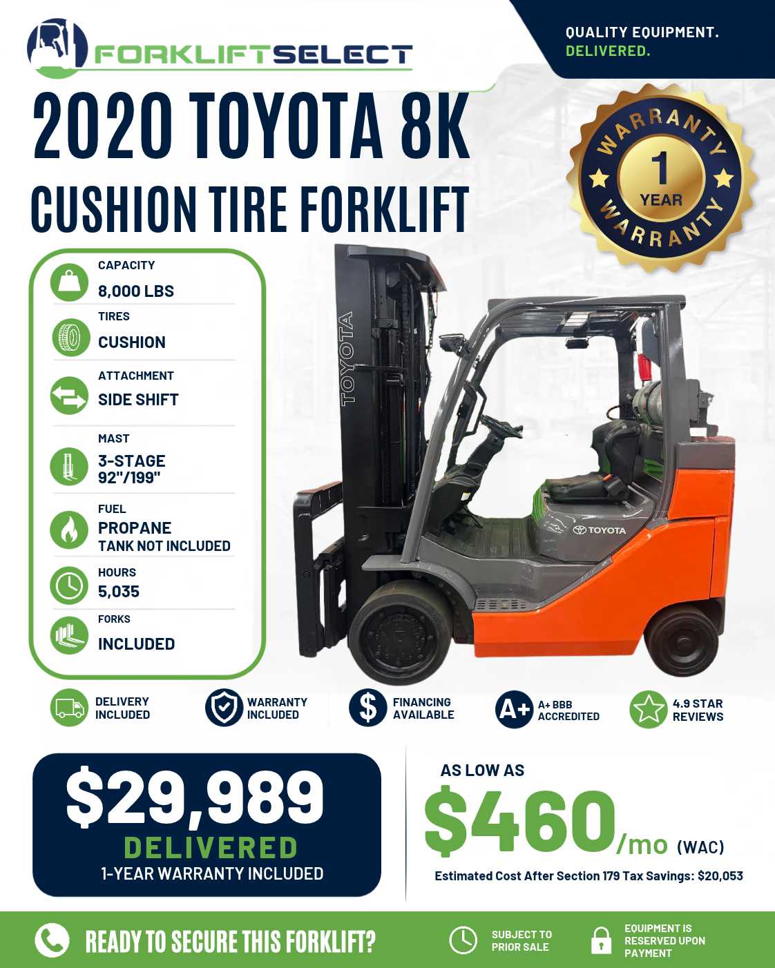 2020 Toyota 8K Cushion Tire Forklift