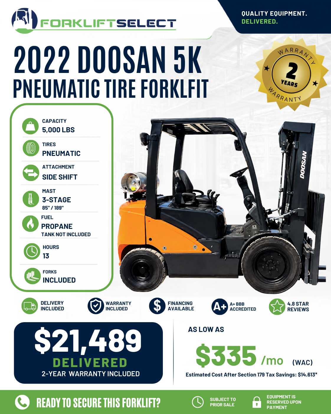 2022 Doosan 5K Pneumatic Tire Forklift - 123Forklift